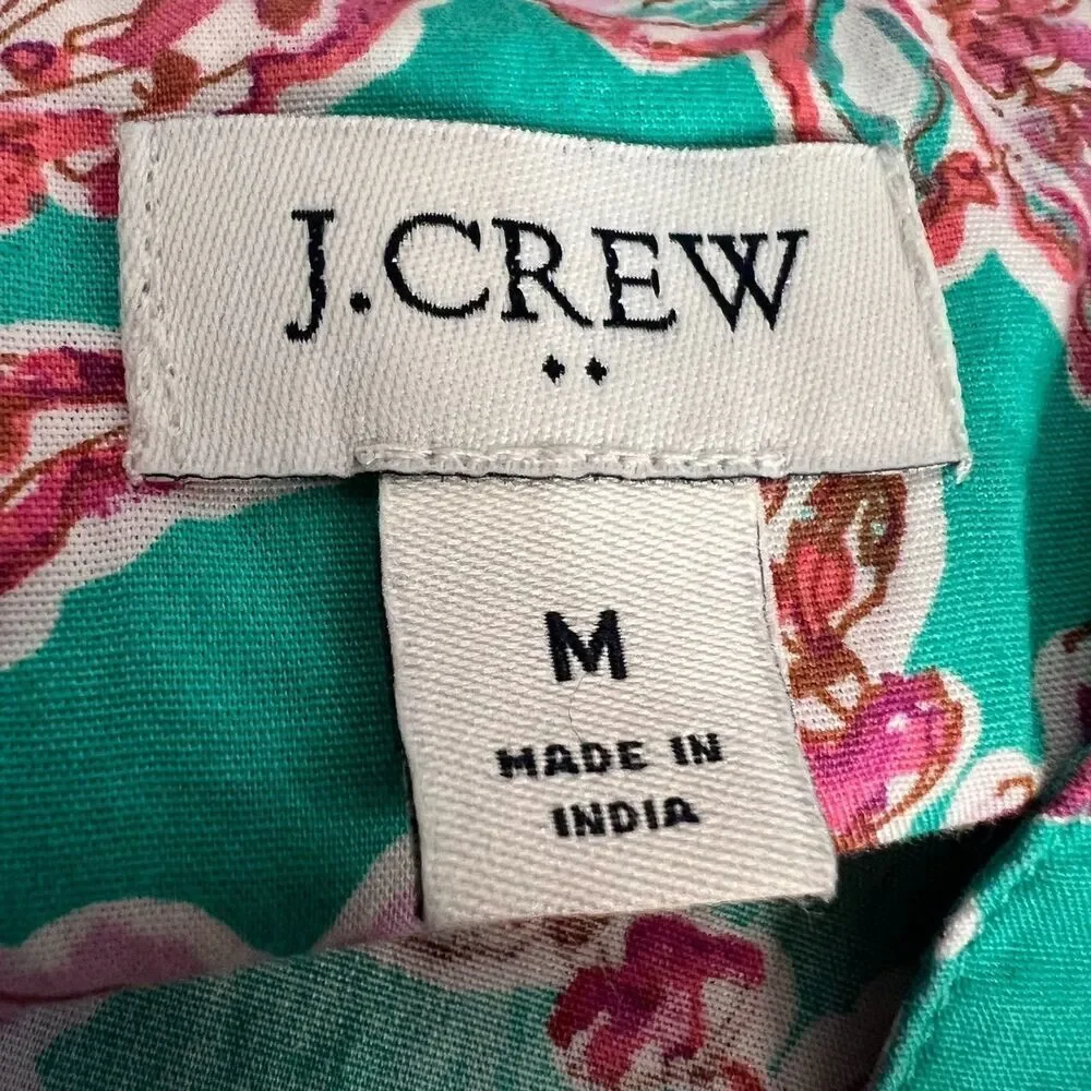 J. Crew Paisley Floral Popover Blouse size Medium Green Pink Puff Sleeve Top